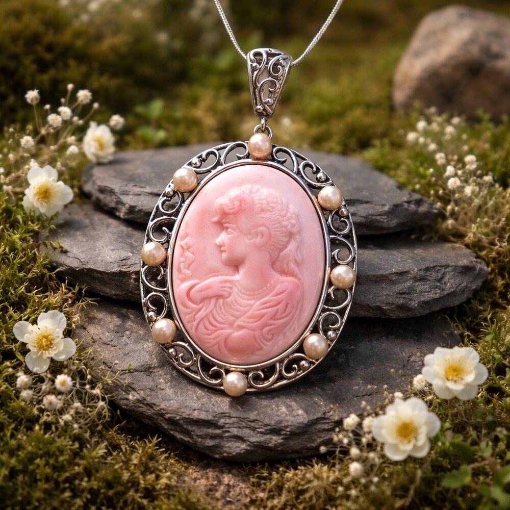 Cameo Queen  Pink Conch & Pearl Filigree Vintage Style 2.5" Pendant Sterling